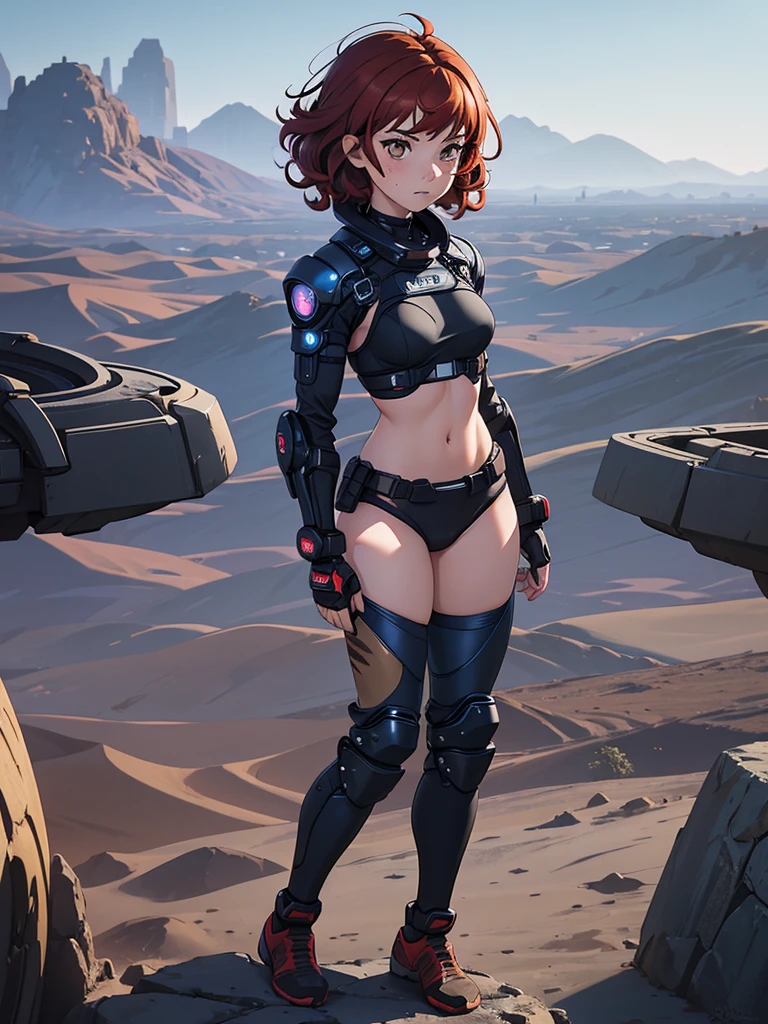 (masterpiece), (best quality), ((one girl)),alone, red hair,((brown eyes)),short curly hair, anime style, freckles, (small breast) (petite figure), blue and black cyberpunk outfit, leggings, knee pads, battle outfit, legs((desert background))