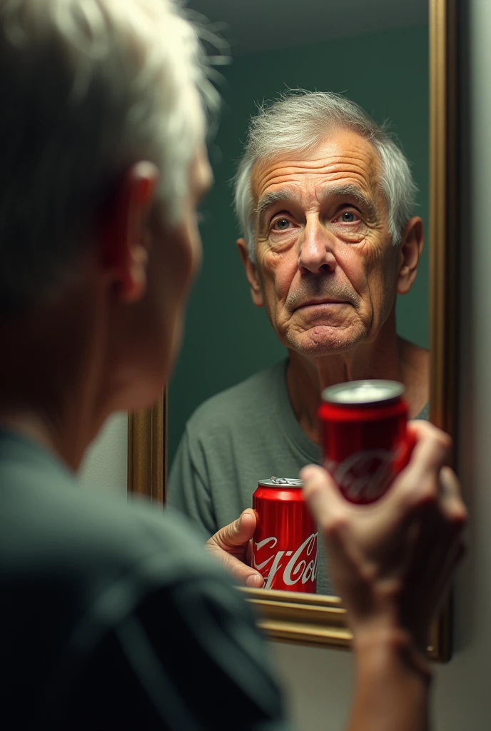 A person looking in the mirror, noticing early signs of aging, with a Coca-Cola can in their hand.