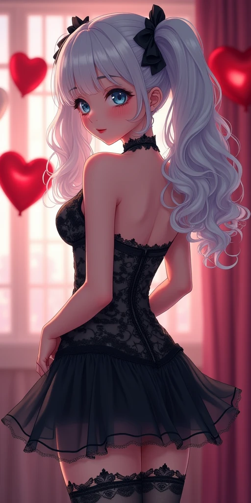 (best quality, ultra-detailed, photorealistic: 1.39), bright and vibrant colors, studio lighting, romantic expression, An effeminate girl, with a delicate and beautiful face. She is a girl who reflects seductive beauty, sparkling eyes, A Beautiful and adult woman and voluminous curly white hair, voluminous and long pigtails, hair clip, crying a seductive 2 woman with big breasts seduces, matches the makeup, with her large breasts seduces, beautiful strapless dress, completely transparent lace, with her blue eyes, soft smile, black gothic style, in a beautiful pose demonstrating her seduction on the beautiful in the beautiful room, with heart-shaped balloon decoration, from behind looking back, butt highlighted, night with soft lighting, anime style, like a manwha character