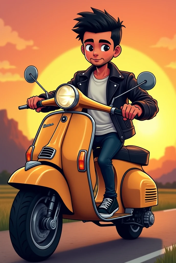 I want a picture of a cartoon-type boy on a classic dark green matte Vespa motorbike, the boy has a black beard , thin eyebrows, black eyes, short black hair, square face, the photo in a background landscape with a sunset, Biker photo type the guy with a leather jacket and a white t-shirt inside, The black leather jacket half open revealing the t-shirt, black jeans and vans style shoes , the thin boy. He has black rings on both ring fingers of his hands.
