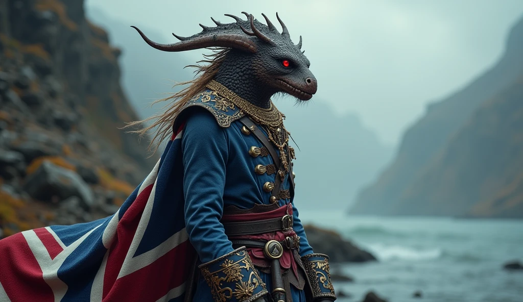 United Kingdom as an imperialist british League of Legend pirate creature in navy blue, white and red (Union Jack). Intricated clothing. Cinematic Fantasy sci-fi landscape background