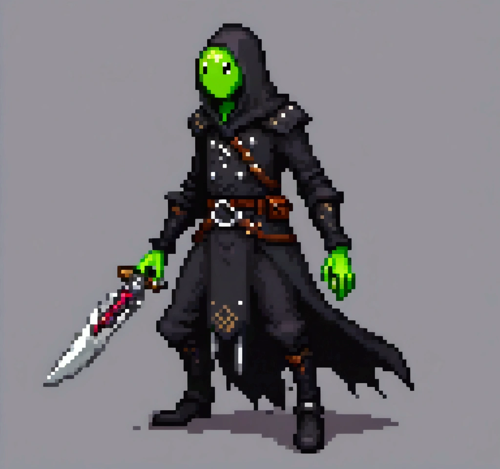 Slime Humanoid, Assassin clothes, daggers, standing backwards ,dungeon