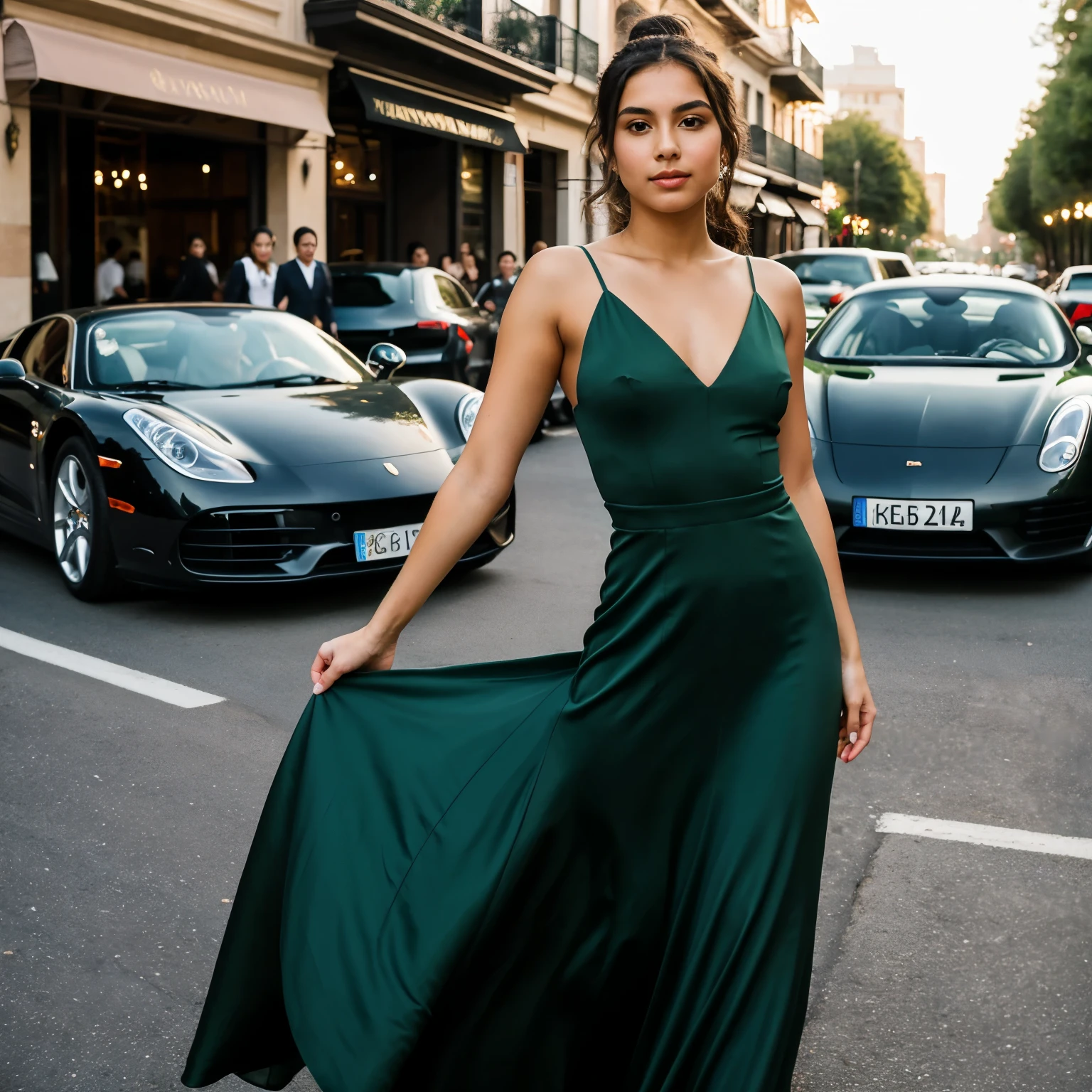 ((best quality)), ((masterpiece)), (detailed), 1girl, whole body shot of a young latina, slender body, round face, dark, wavy hair, caught in a bun, wearing a long elegant green dress, standing in between two sports luxury cars on a city street