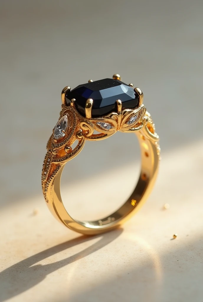 an intricate golden ring with onyx and sapphire , the band studded with sparkling jewels that catch the light and gleam brilliantly. The ring is elegant, beautiful and too delicate and minimal 