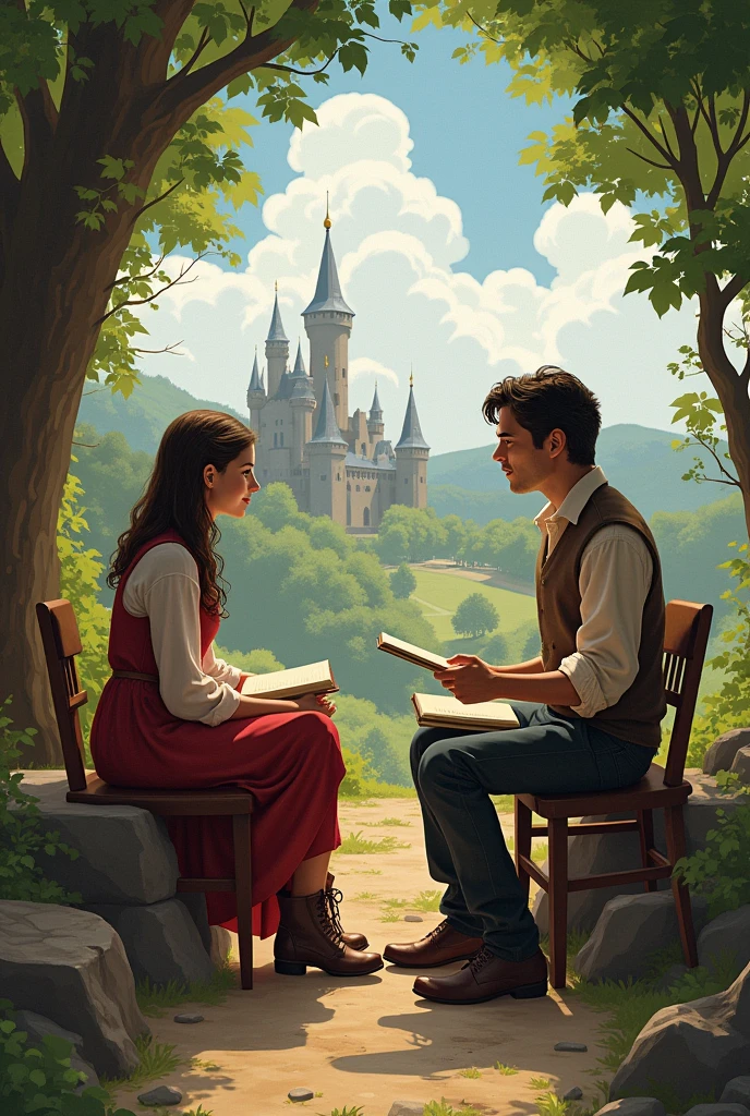 Clara and Alexandre have a fluid conversation, exchanging ideas about literature and village life. Clara comments on the monotony of her life and Alexandre, still disguised, talks about life's challenges "in town" (referring to the castle).