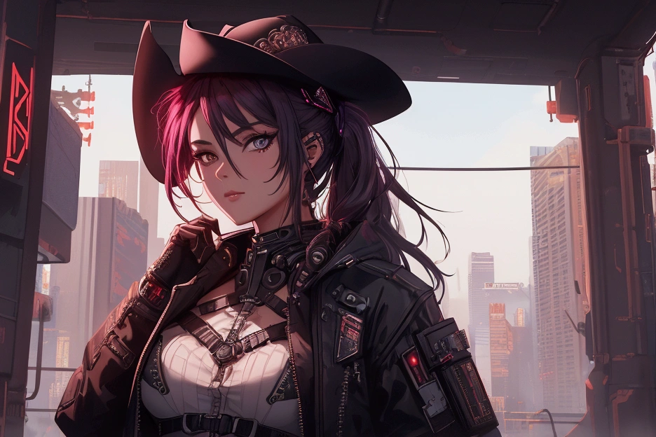 1girl, cowgirl (western), cyberpunk, facing viewer, high quality, 8k, very detailed, high resolution, exquisite composition, and lighting