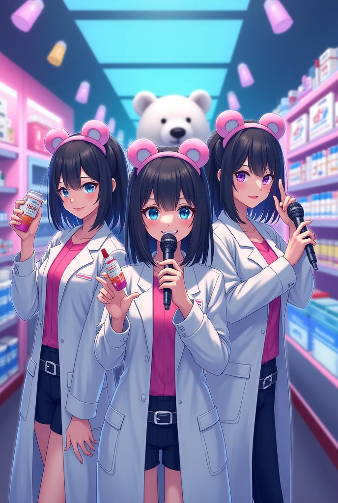 With high resolution images、The interior of a pharmacy uses bright and vivid colors。Techno pop music playing、Three girls in white coats are standing with smiles。We were wearing bear ear headbands.、Distinctive blue eyes and black hair。They hold the microphone like singers、Posing with pill boxes and bottles in hand。A stuffed polar bear is displayed in the background.。