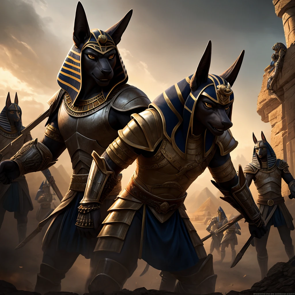 a highly detailed digital art illustration of anubis, a battalion of 100 ancient egyptian warrior soldiers, intricate armor, fierce expressions, epic fantasy action scene, dramatic lighting, cinematic composition, muted color palette, gritty realism, masterpiece, 8k, photorealistic
