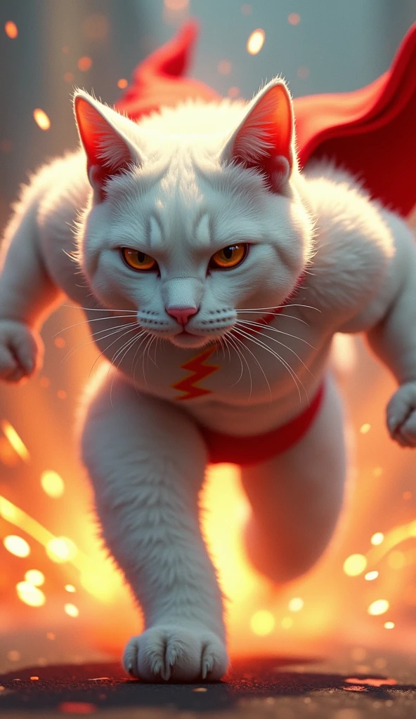 A burly white cat shaped like The flash 