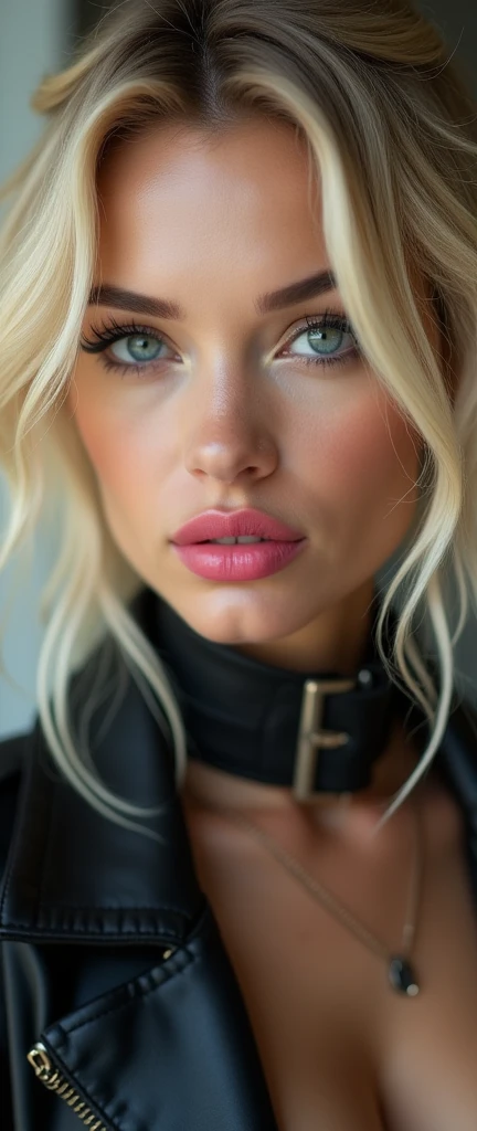 a closup of a woman, fractal punk, blond hair, portrait shot, beautiful female, fair skin, she is dressed in leather clothes, light makeup, natural look, jet pink lipstick, beautiful eye brows, eye lashes, realistic lips, eye details, big breast, fair breast, realistic skin texture, lovely fas, hot pose, seduced, 