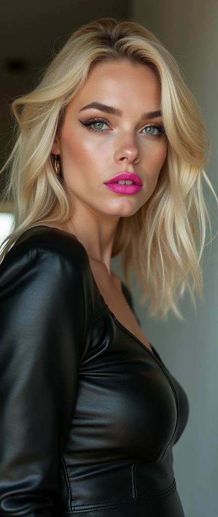 a closup of a woman, fractal punk, blond hair, portrait shot, beautiful female, fair skin, she is dressed in leather clothes, light makeup, natural look, jet pink lipstick, beautiful eye brows, eye lashes, realistic lips, eye details, big breast, fair breast, realistic skin texture, lovely fas, hot pose, seduced,