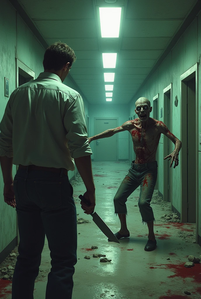 Abandoned hospital, man using a knife attacks zombie in front of him, zombie is dead and falls to the ground, I don't want blood in the image