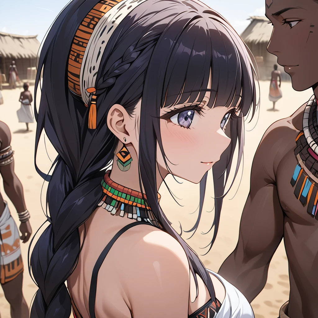 ((Highest quality)), ((masterpiece)), (detailed), (Perfect Face)、The woman is Reika Aoki, with medium-long hair, finely braided and slicked back, in the style of an African tribal woman.、A woman is having with a tribal man in an African tribal village