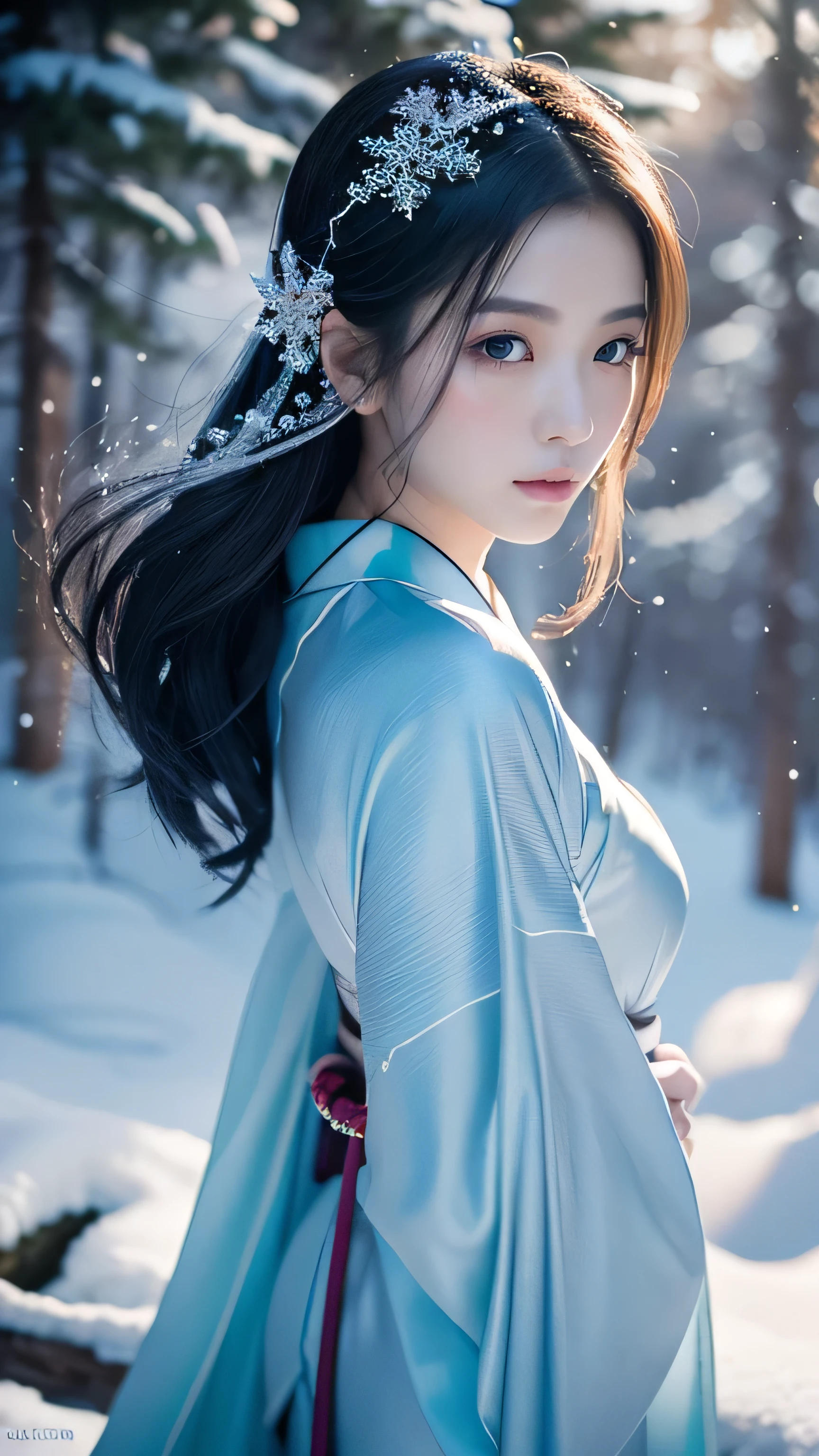 Prompt: Create an ultra-realistic 8K resolution image of Yuki-onna, the mythical figure from Japanese folklore, reimagined as an ultimate beautiful woman while retaining her iconic features. She has flawless, alabaster skin that seems to glow with an ethereal light against the snowy landscape, her long, silky black hair flowing gracefully down her back. Her eyes are captivating, with a deep, icy blue hue that reflects both wisdom and mystery. Her lips are full and a soft rose color, adding a touch of warmth to her otherwise otherworldly appearance. She is dressed in an elegant, modernized white kimono adorned with intricate silver and icy blue patterns that shimmer in the cold light. Snowflakes gently rest on her hair and kimono, enhancing her connection to the wintery surroundings. The background features a serene, snow-covered forest with tall, shadowy trees, creating a peaceful yet haunting atmosphere. The image perfectly balances Yuki-onna's traditional, mystical qualities with the timeless beauty of a modern-day elegant woman.