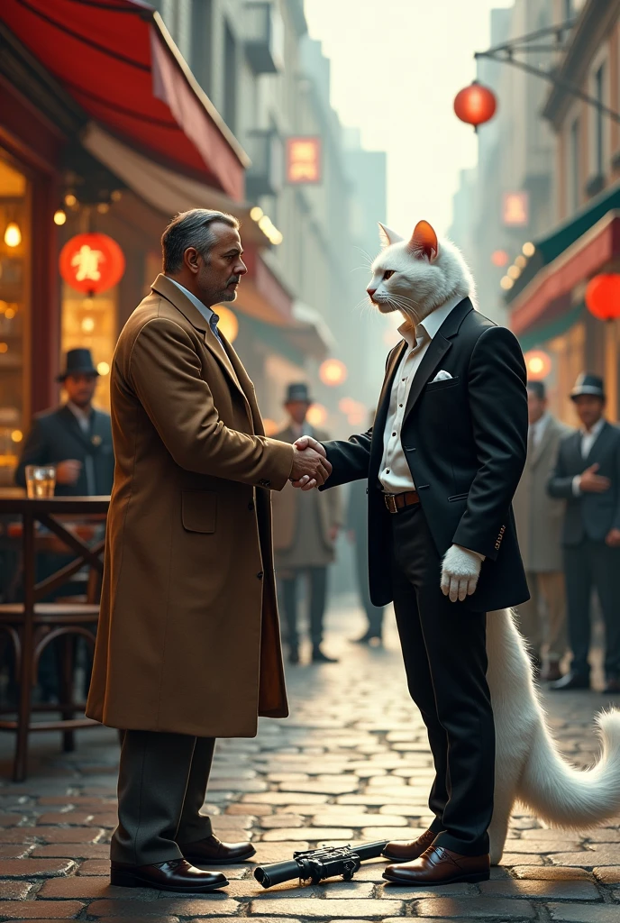 
The muscular white cat, dressed in a white shirt and black jacket, throws the thugs to the ground and hands their guns over to the restaurant owner, a handsome man wearing a brown coat and pants. The restaurant owner shakes hands with the muscular white cat, thanking him and praising his swagger. Everyone salutes his bravery.




