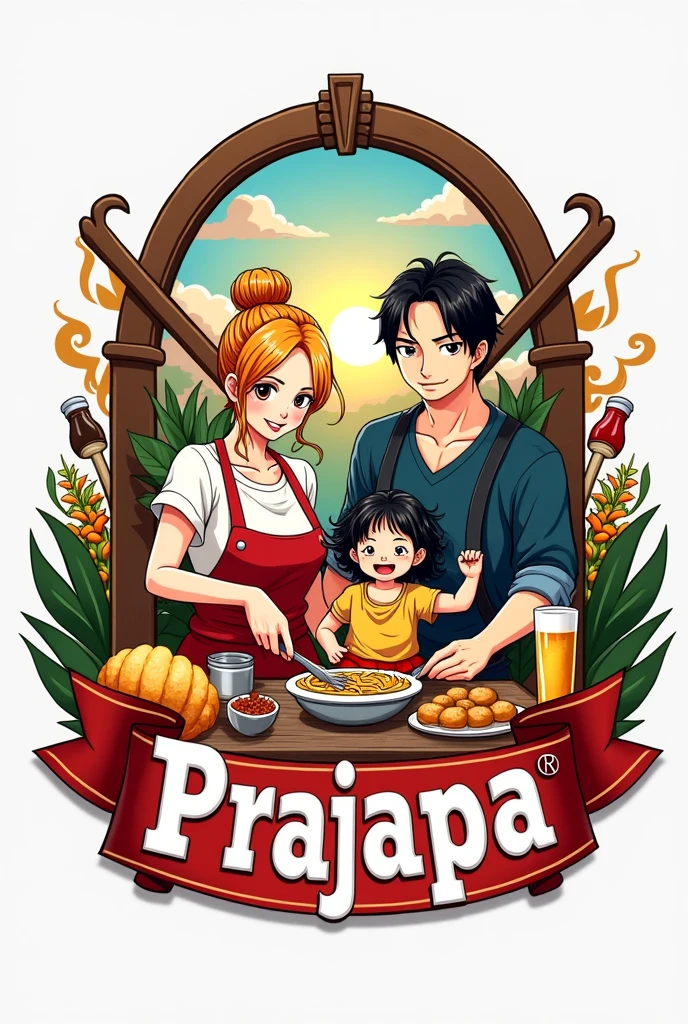 Create a logo with design references "One piece" for a restaurant with oriental characteristics, Italian Pastry Mass, Indian spices, Brazilian family, store name written "PraJapa" and a bottle of beer. Four characters: a woman with medium copper blonde hair tied up and amber eyes making pasta and frying pastries at a table, her husband a Japanese man with shoulder length black hair holding in his arms a black haired  girl and a chilh dark coppery blonde wavy hair 