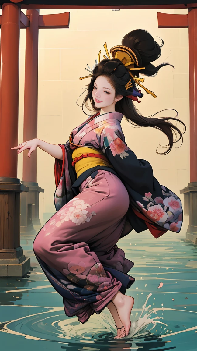 (Sea Art、I create amazing digital illustrations of beautiful women in kimonos)、Beautiful woman smiling showing her upper white teeth、Colorful Ukiyo-e style illustrations、Brown-black long hair、Beautiful full body style、If you want to dance, Dancing to Tokyo Ondo, Good good、Beautiful new digital paintings,、 Bright and vibrant digital anime art、Beautiful anime portraits、The background is the torii gate of a Japanese shrine...、Detailed digital anime art、