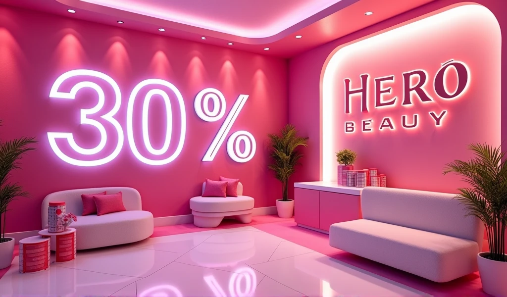 Um banner com nome da loja Hero Beauty loja de maquiagem com 30% off