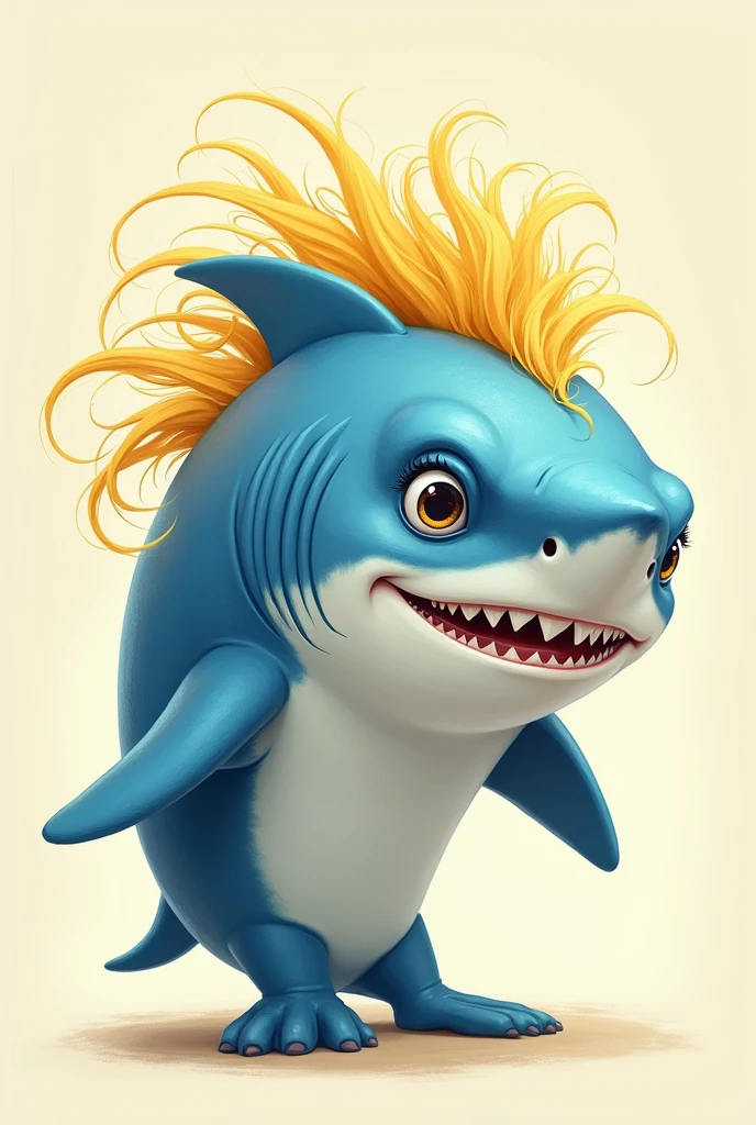 a blue and white shark with corn hair