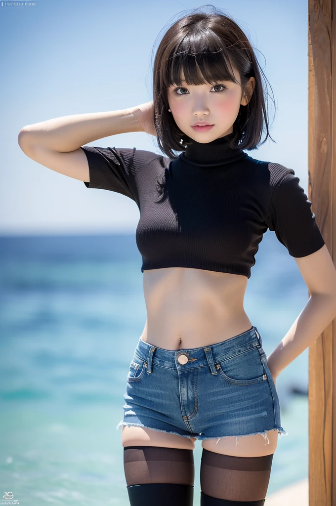 perfect photo, (masterpiece), 8k, best quality, expressive eyes, perfect face, Perfect hands, Perfect Finger, High resolution, high image quality, realistic skin texture, Realistic, (Japanese, Girl, 1), black hair, bangs, Short Bob, brown eyes, big eyes, Small face, Baby face, ((full-face blush, shy)), ((Short sleeve turtleneck top, Navel, Low-rise mini jeans Shorts, Thigh Highs)), Hill with a view of the sea, Sunny, ((Standing, cute pose)), nsfw