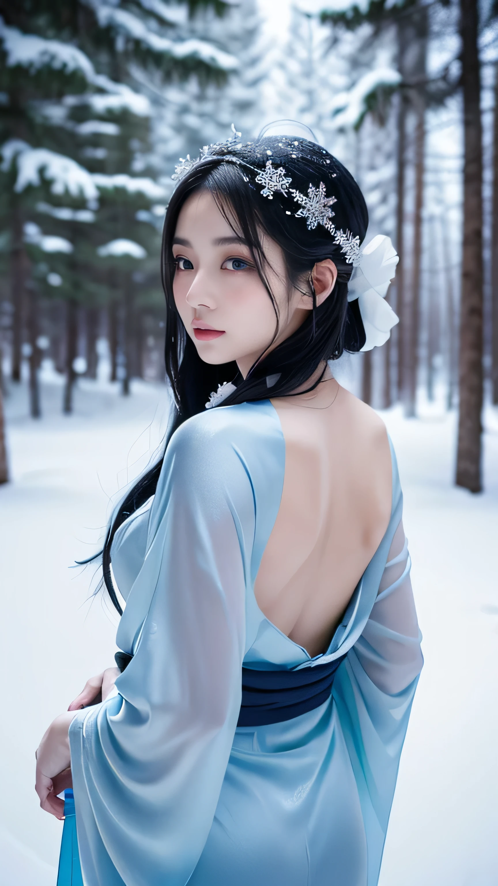 Prompt: Create an ultra-realistic 8K resolution image of Yuki-onna, the mythical figure from Japanese folklore, reimagined as an ultimate beautiful woman while retaining her iconic features. She has flawless, alabaster skin that seems to glow with an ethereal light against the snowy landscape, her long, silky black hair flowing gracefully down her back. Her eyes are captivating, with a deep, icy blue hue that reflects both wisdom and mystery. Her lips are full and a soft rose color, adding a touch of warmth to her otherwise otherworldly appearance. She is dressed in an elegant, modernized white kimono adorned with intricate silver and icy blue patterns that shimmer in the cold light. Snowflakes gently rest on her hair and kimono, enhancing her connection to the wintery surroundings. The background features a serene, snow-covered forest with tall, shadowy trees, creating a peaceful yet haunting atmosphere. The image perfectly balances Yuki-onna's traditional, mystical qualities with the timeless beauty of a modern-day elegant woman.