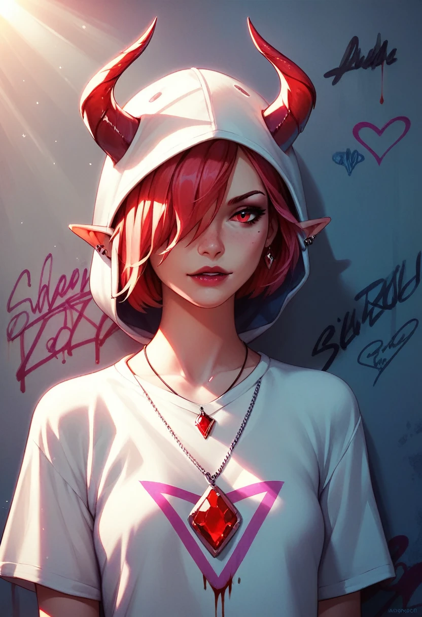 foreground,simple background,Background with neon rays of various colors,hyperdetailed,well defined details,hyper realistic,1 girl,graffiti hood,demon shirt,pierce,blood gem pendant