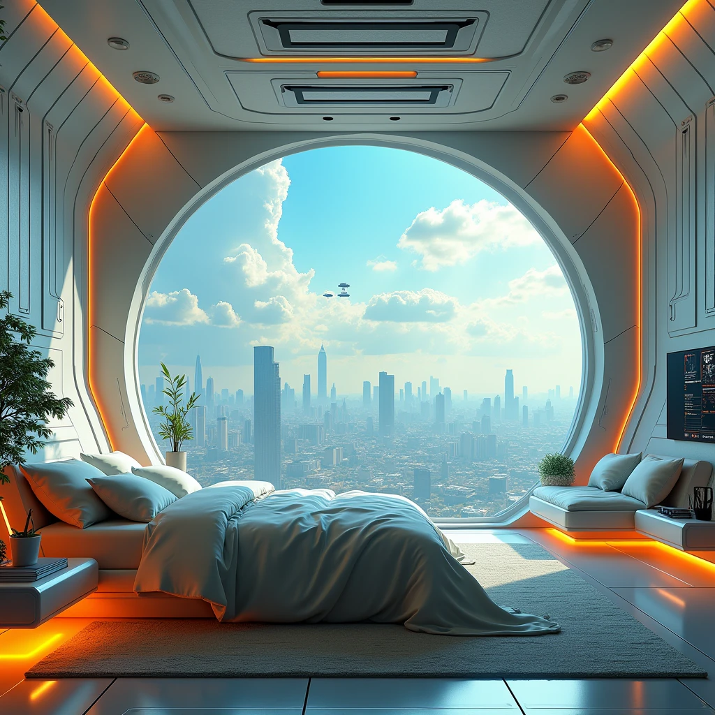 a beautiful sci-fi matte painting for bedroom by John Harris, sparth e greg rutkowski. Sharp edges, Tiffany azul, Gray-orange, white and gold. Sci-fi room in the space base, Outside the window is the skyline of the city of the future, light effects. Ultra-sharp and detailed, 3 d, octane rendering. Eight thousand