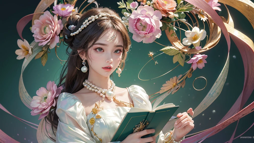 32K, 最高quality, 最高masterpiece, (ultra-Detailed Background, Detailed Background), High resolution, Super detailed, Very detailedな, 1 personの, (bouquet:1.3), (Tangled:1.2), (Geometric:1.2),(colorful),(masterpiece, quality, best quality, Official Art, Beautiful and beautiful:1.2), (1 person:1.3), Very detailed,(colorful:1.1)(Flowers:1.3),Most detailed,(Tangled:1.2), whole body, (Abstract background:1.3), (Skin glows), (Many colors:1.4), ,(Earrings Pearl:1.5), Light green background, It's imaginative., Brunette Hair, Updo, Holding a book, Holding a pen, Satin shirt