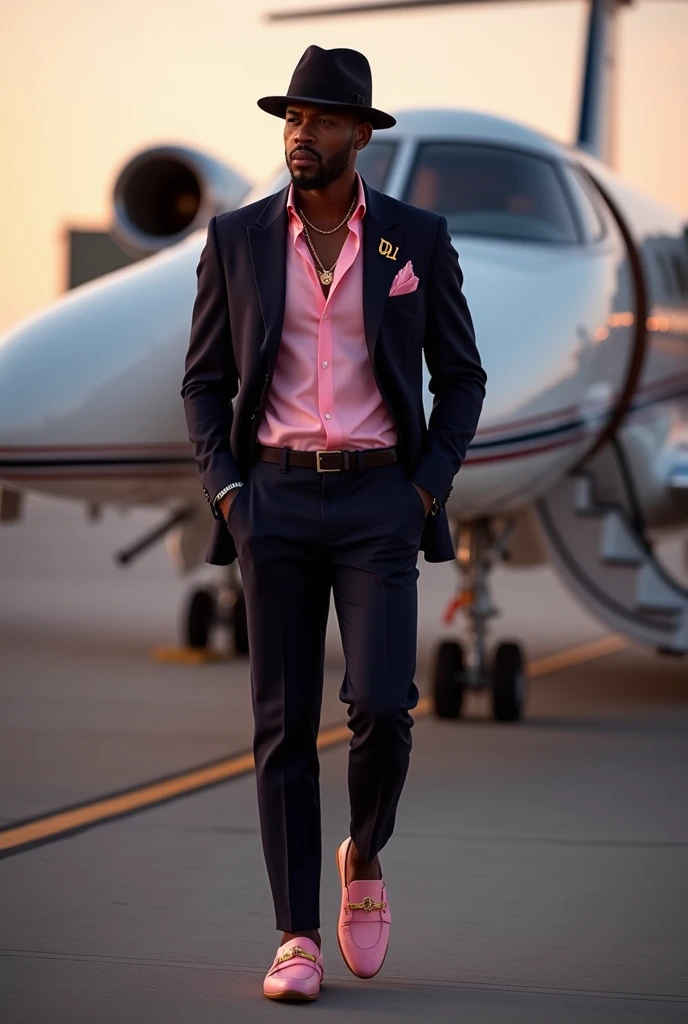 Forty year old black man, very elegant and sophisticated, very strong athletic build, with a goatee, wearing jewelry and a modern bowler hat, bubblegum pink shirt and tailored Italian slim-cut suit, yellow, on the hat band and on the lapel it contains the inscription DL, as embossed logos.
Italian moccasin shoes, nas cores rosa bebê com detalhes em yellow, without wearing socks.
The model is stepping out of a private jet at dusk 
