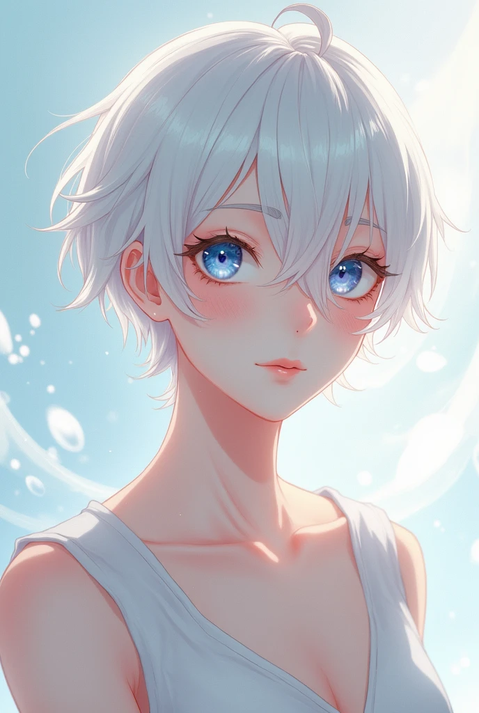 Anime type handsome man with fair skin, freckles, blushing cheeks, short white hair, albino, blue eyes, thin, small waist, somewhat feminine, long white eyelashes

