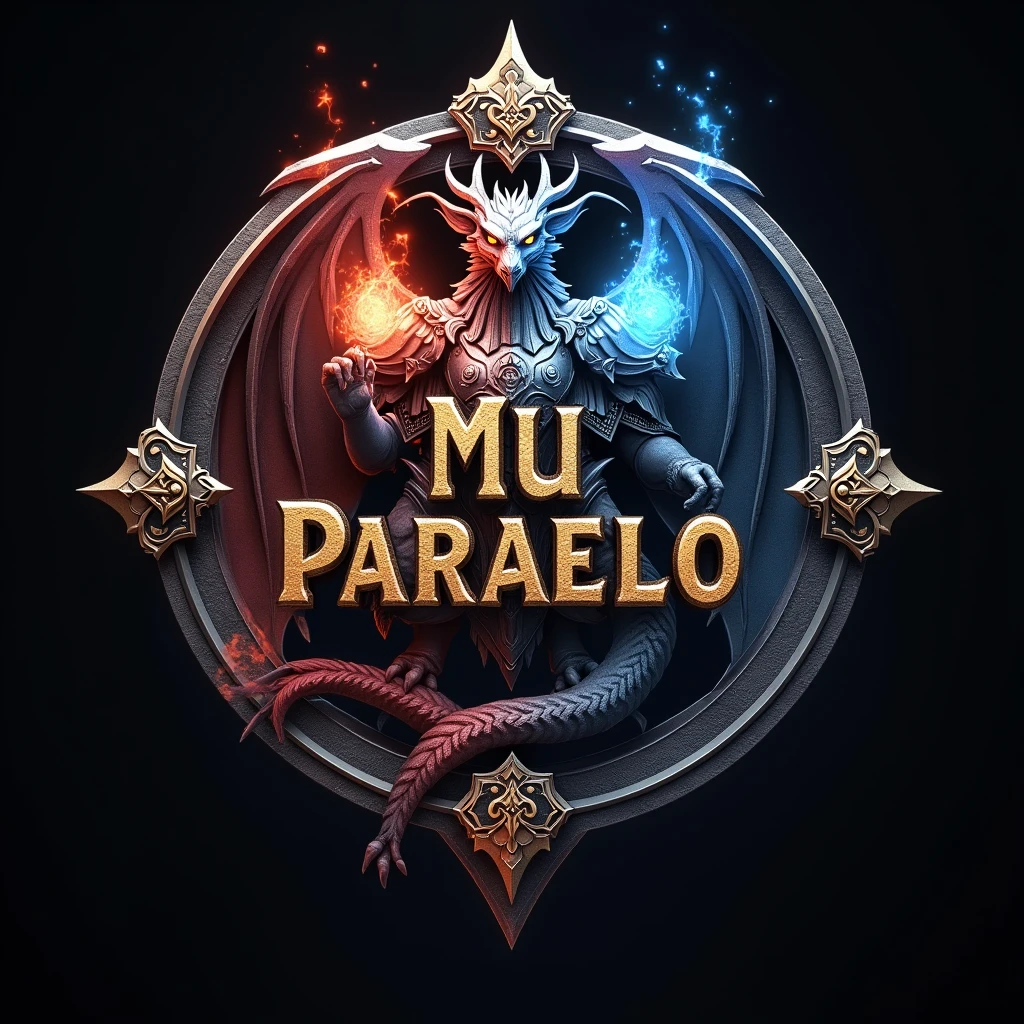 Design a logo inspired by the Mu Online MMORPG with a transparent background. The logo should evoke a sense of ancient, mystical power, featuring elements such as a mythical creature, enchanted armor, and glowing orbs of energy. Use dark, metallic tones with highlights of fiery red or icy blue. The title 'Mu PARALELO' should be in a dramatic, medieval-style font, with intricate details that capture the game's fantasy essence. Ensure all elements are designed to stand out clearly against any background