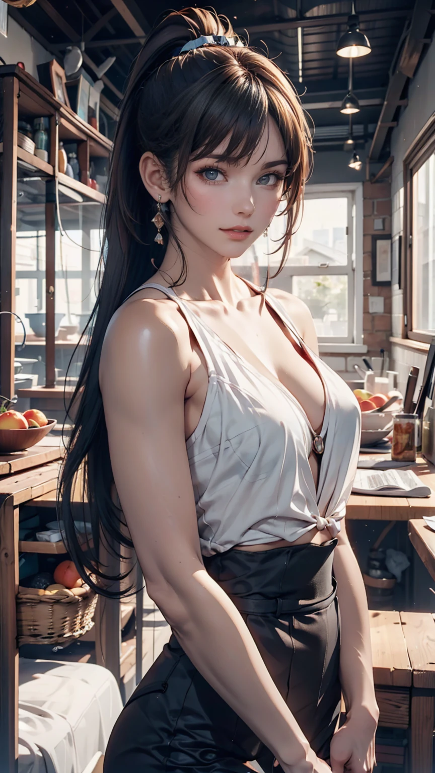 One person, alone, Promotional Art, By Mika Picazo, masterpiece, Exposing shoulders,  ponytail, View your viewers 