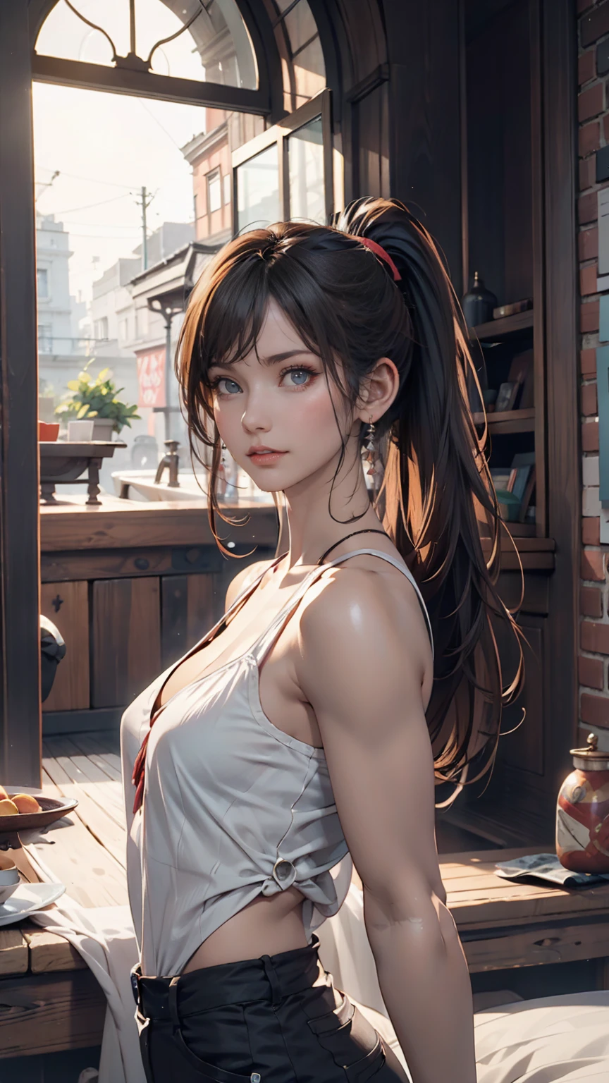One person, alone, Promotional Art, By Mika Picazo, masterpiece, Exposing shoulders, ponytail, View your viewers