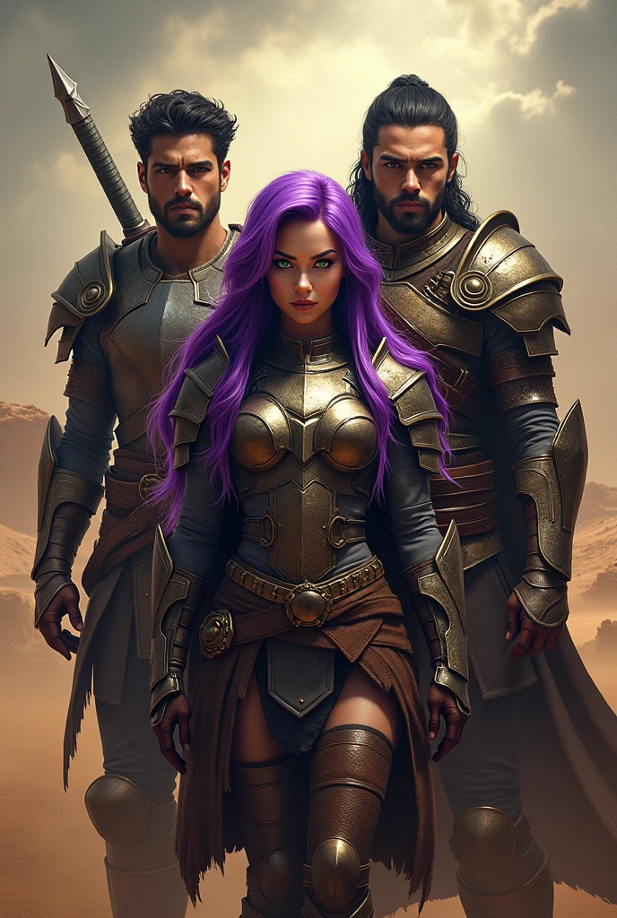 Create written poster: DESERT EAGLE PRODUCTIONS PRESENTS: In the middle put: THE ALLIANCE OF METAL The background image with 2 dark-haired men warriors in armor and a chubby woman rock warrior with long purple hair and green eyes