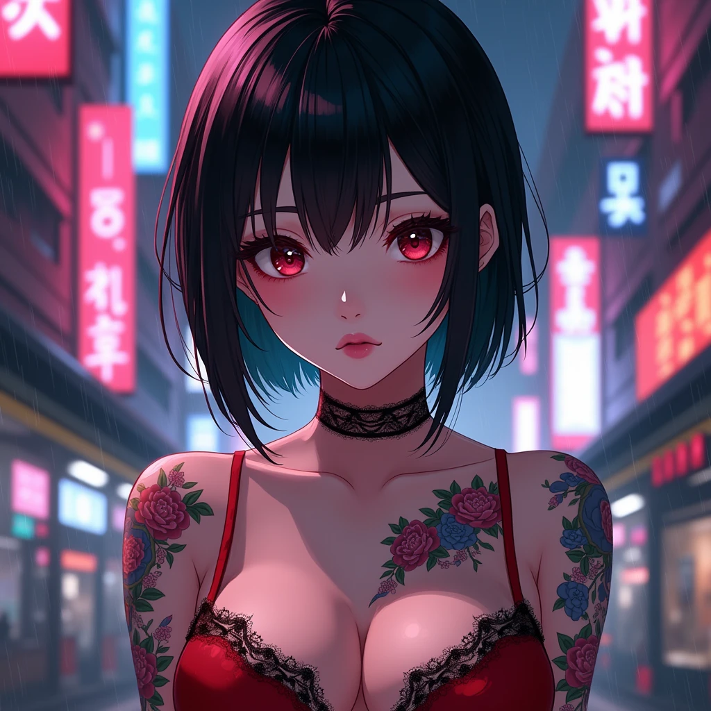 An anime character: Asian woman with oriental tattoos. his hair is black and short. She is wearing red lingerie with black details.. Ao fundo, a cyberpunk setting full of neons.