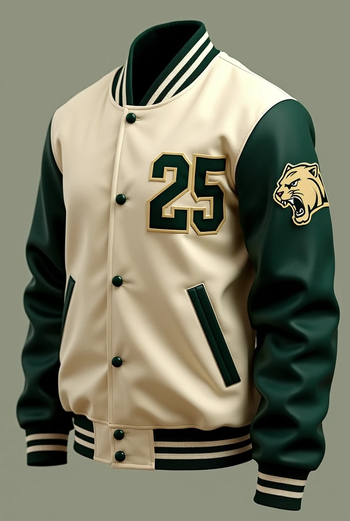 varsity jacket, very small touches of green for a school with the number 25 on the left arm and a small panther somewhere on the sleeve, that the sleeves are BLACK and the torso in cream color