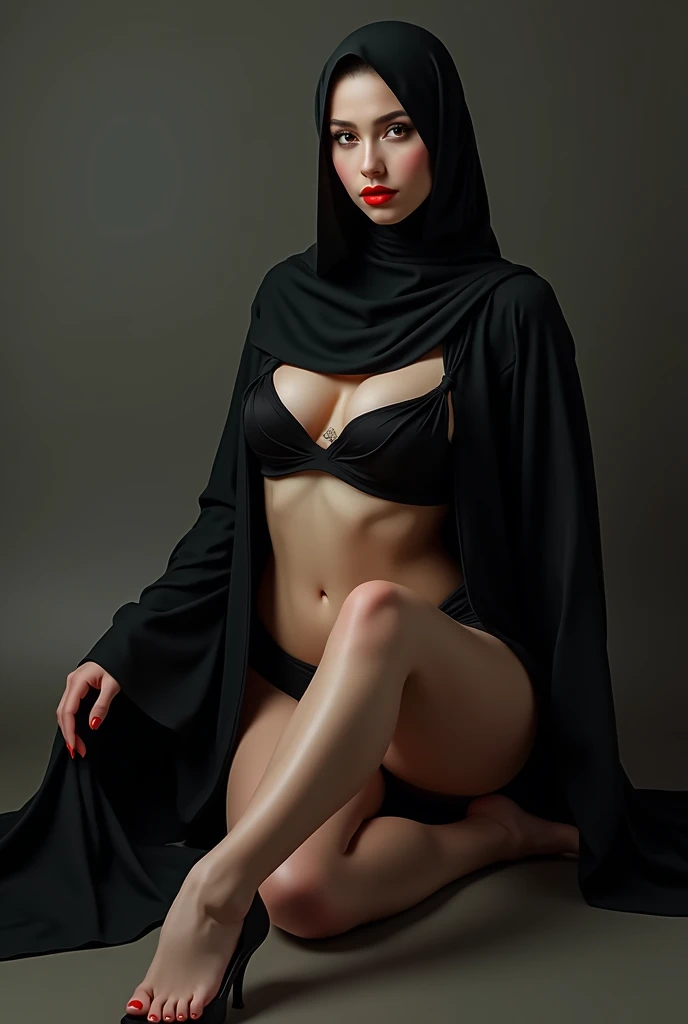 A girl wearing an abaya, her legs are open, sexy, sitting on the floor, her high heels are open, her chest and waist are black, her lipstick is red, her belly is open, her underwear is black, and her skin color is very white