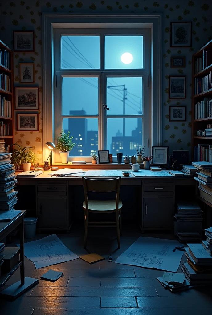 room of a busy architect without the person at midnight wallpaper
