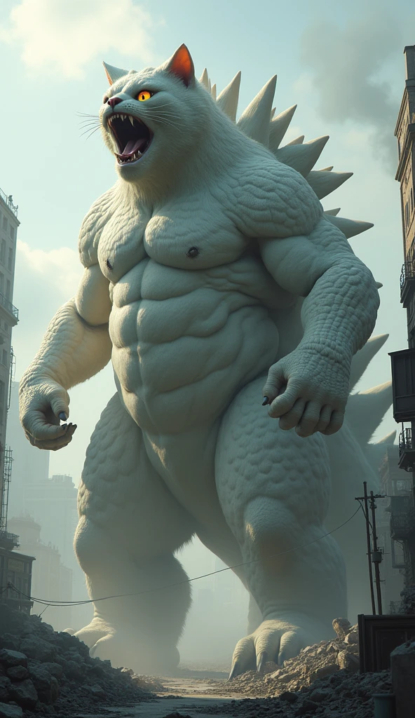 A male, fat, large, naked, extremely obese, gentleman, Godzilla, with a giant hyper penis and nipples, large testicles, Godzilla is ejaculating an extreme amount of sperm from the penis with immense pleasure, Godzilla is wearing glossy white rubber gloves on the hands around the wrists, wearing glossy white rubber gloves on the feet around the ankles, Godzilla is wearing a thick glossy black leather dog collar around the neck, thick black dog collar is rubber in texture, light-blue gloves are rubber in texture, sperm is sticky in texture, Godzilla is clutching penis with hand, rubbing penis with hand, clenching teeth, orgasm face, evil grin, rubber gloves go up to the wrists, rubber gloves go up to the ankles. 