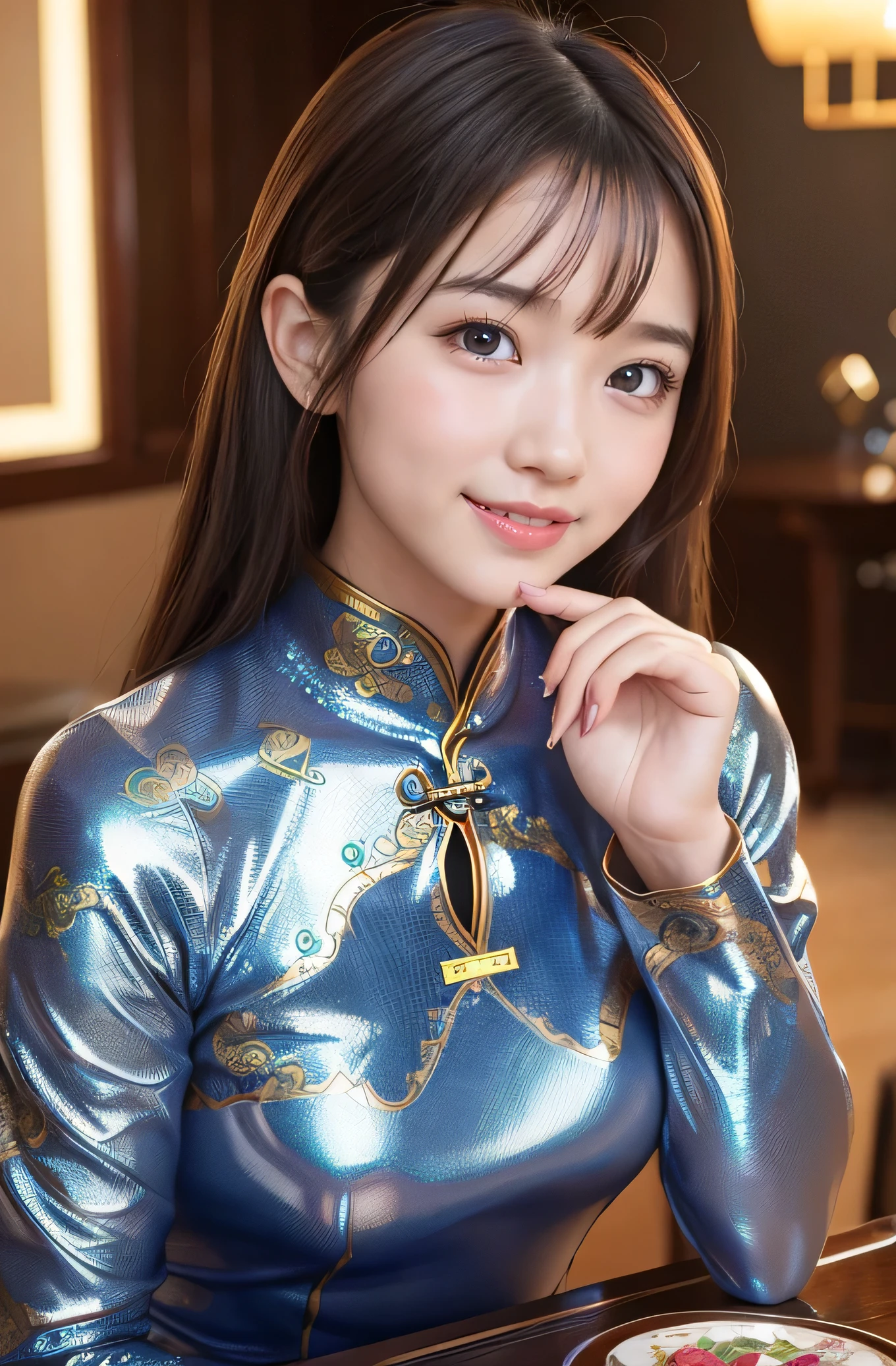 very cute girl, super cute face,clear attractive eyes, detailed Beautiful eyes,smiling, realistic photograph, Super shiny metallic gorgeous vivid colored latex long sleeves cheongsam, dragon pattern design cheongsam,
Costume lighting