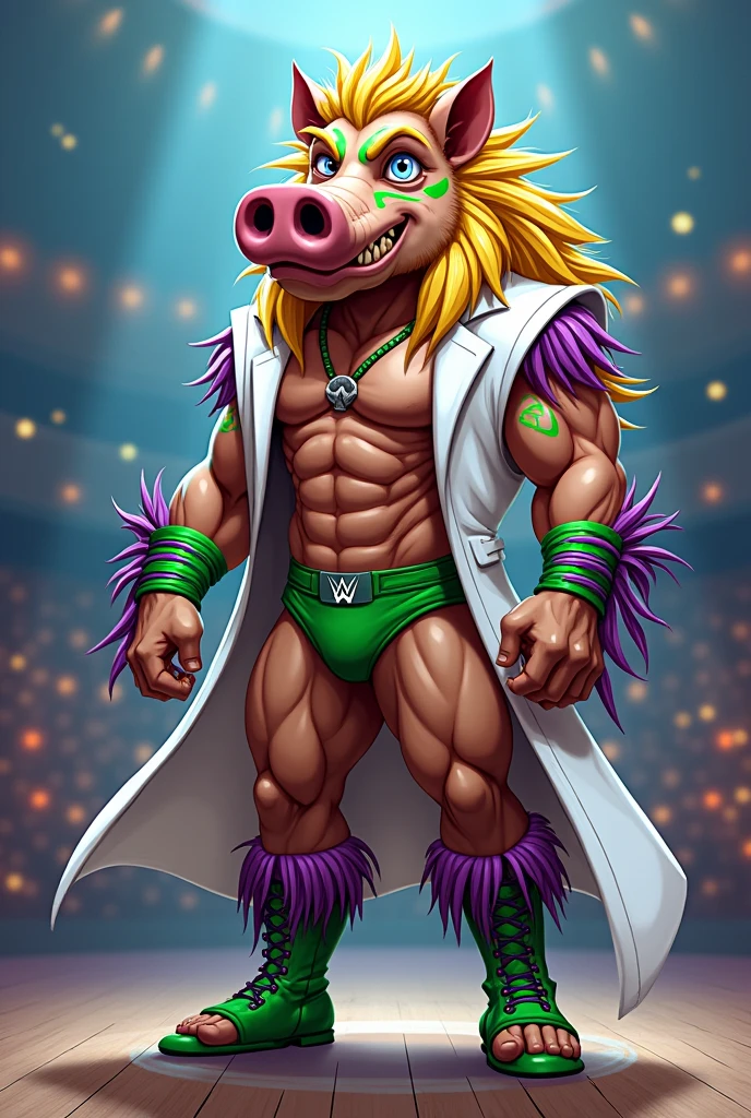 cartoon warthog dressed like WWE wrestler the ultimate warrior
cartoon warthog head. cartoon warthog face. cartoon warthog body. cartoon warthog arms. cartoon warthog hands. cartoon warthog legs. Green and purple War face paint.
Muscular. Long finally blond hair. Neon purple stings tied around biceps. Green underwear. Green wrestling boots. Purple fring in boots. White trenchcoat