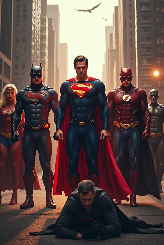 Create a scene with the Justice League, saving man from high interest rates 