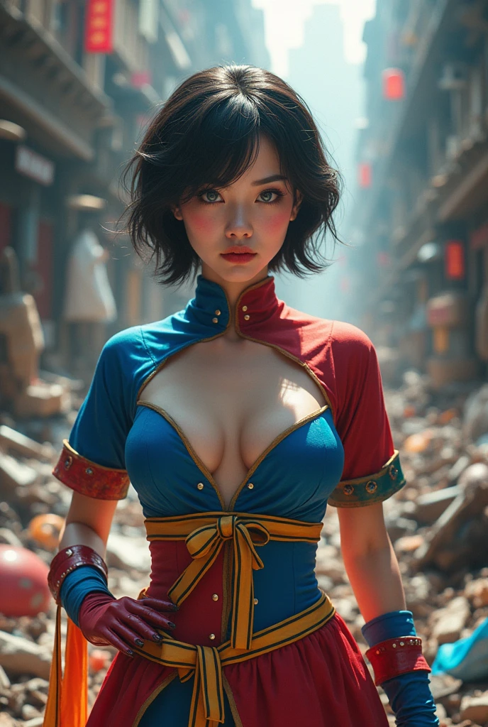 Asian woman with short hair, wearing a blue and red stage costume with a yellow belt, red and blue gloves, fair skin, big blue and red eyes, pink cheeks, standing in the middle of a pile of garbage.