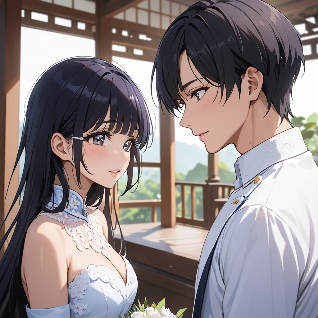 ((Highest quality)), ((masterpiece)), (detailed), (Perfect Face)、The woman is Reika Aoki, a Thai woman with semi-long hair.、The woman is getting married to a Thai man in Thailand.