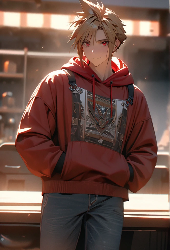  1boy, brown hair, hair likes cloud strife, red hoodie, blue jeans, pretty, tall, emotionless, middle long, high detail, masterpiece, super detail, high details, high quality, best quality, pretty, tall, red eyes, dark brown hair, cold smile, happy, handsome, solo, looking at viewer, light, 4k quality,cinematic lighting, ray tracing, depth of field, cinematic lighting, ray tracing, UHD, high details, best quality, highres, high quality, award winning, super detail, masterpiece, 8k, UHD, high details, best quality, high quality, award winning, super detail, masterpiece, 8k, digital art, anime coloring, full body, body shot, good face, perfect face, detailed face, good eyes, lab background, science lab,