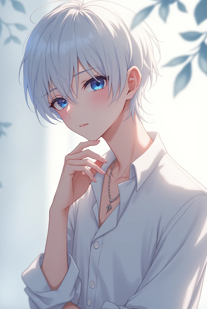 Anime type handsome man with fair skin, freckles, blushing cheeks, short white hair, albino, blue eyes, thin, small waist, somewhat effeminate, long white eyelashes

