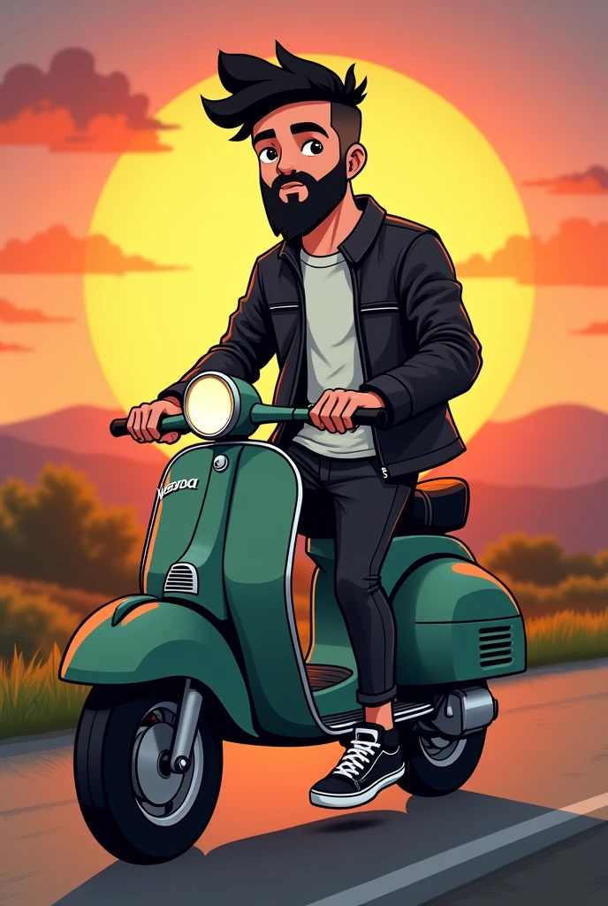 I want a picture of a cartoon-type boy on a classic dark green matte Vespa motorbike, the boy has a full black beard , thin eyebrows, black eyes, short black hair, square face, the photo in a background landscape with a sunset, Biker photo type the guy with a leather jacket and a white t-shirt inside, The black leather jacket half open revealing the t-shirt, black jeans and vans style shoes , the thin boy. He has black rings on both ring fingers of his hands.