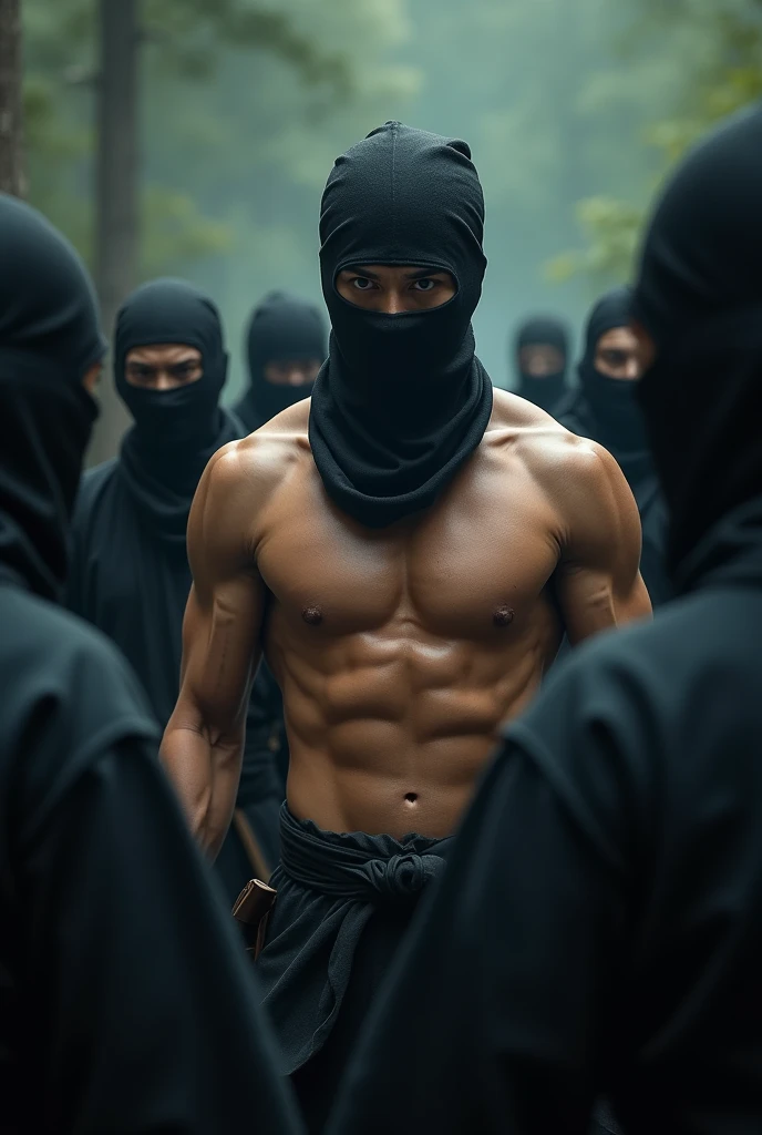 Japanese ninja training shirtless just balaclava with other ninjas