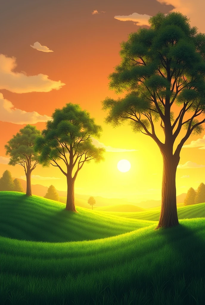 A beautiful pic in sunset,green fild, with 3 big trees pic wide is bigger than hight