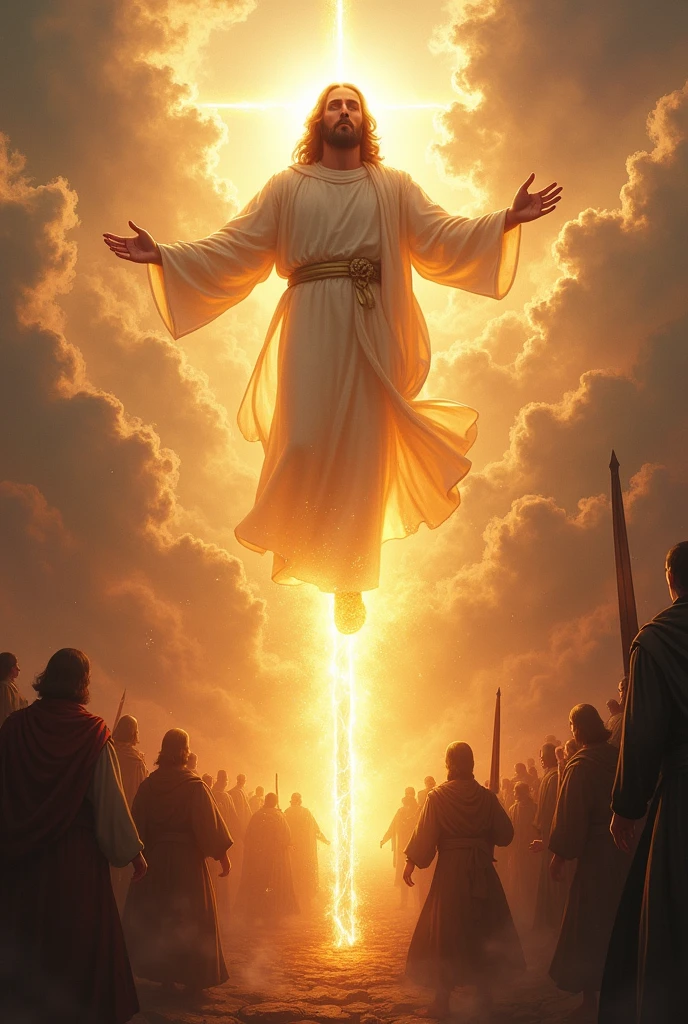 Jesus descending from heaven holding a sword of fire and separating the beings of light on one side and the dark beings on the other